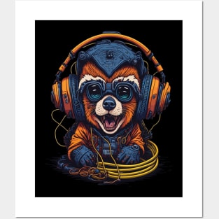 Funny Racoon Wearing Headphones, Dj Music Racoon Lover Posters and Art